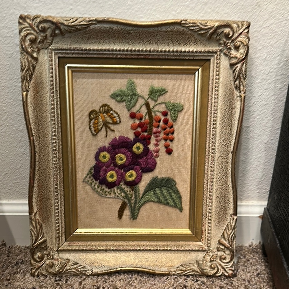 Vintage Embroidered Floral Art on woodFrame (14x 11)